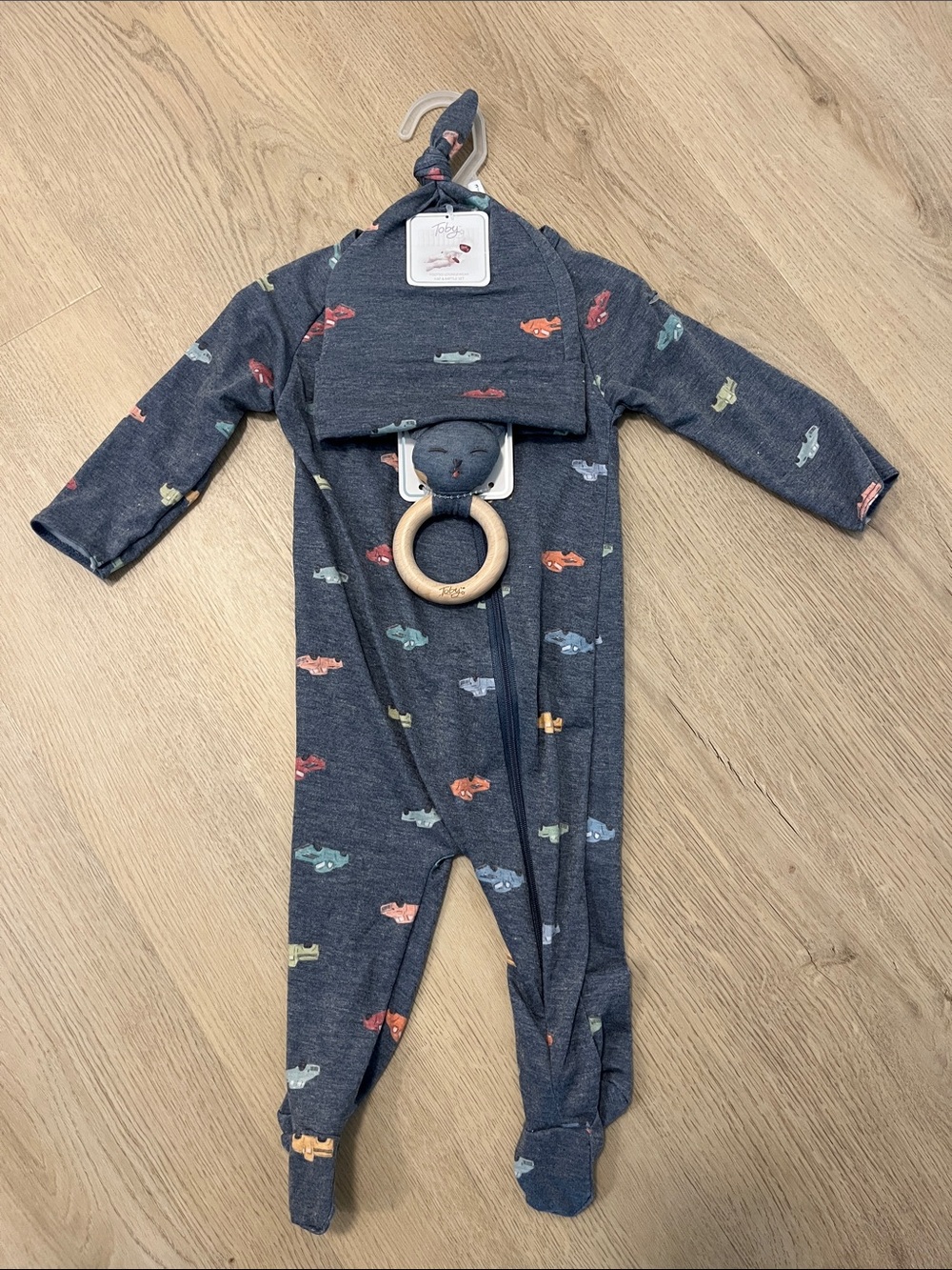Toby 3pc set Navy Blue Baby Sleeper with Multicolor Car Print hat, and rattle